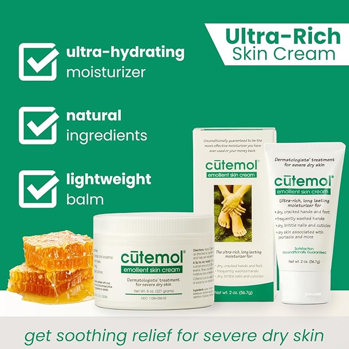 Cutemol Emollient Moisturizing Cream - Serious Moisturizer Lotion Balm for Recovering Dry, Damaged Skin - Hydration for Cracked Hands and Feet, Eczema, Psoriasis, and Raw Skin (2 oz)