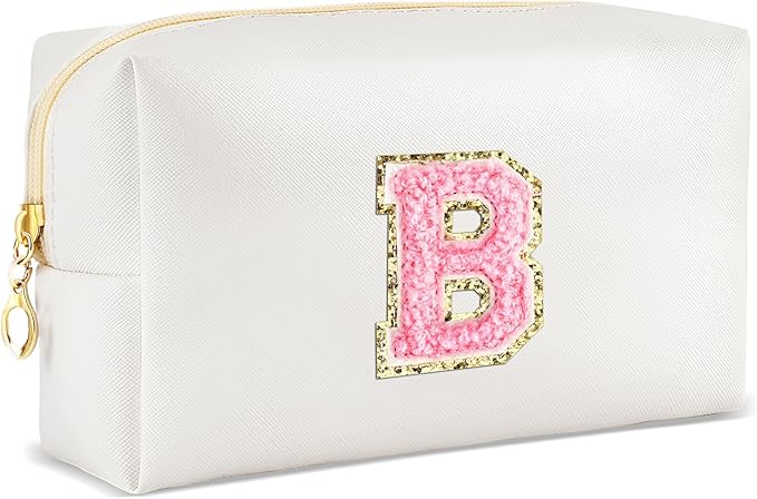 Initial Makeup Bag Personalized Preppy Travel Small Cosmetic Bag Cute PU White Chenille Letter Makeup Pouch for Purse Waterproof Zippered Toiletry Organizer for Women Girls Kids Friends (B)