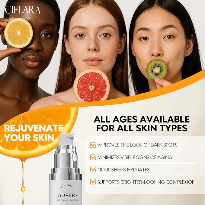 Super Vitamin C for Women, 20% Vit C Anti Aging & Wrinkle Retinol Face Serum With Hyaluronic Acid, Vitamin E, Caffeine, Peptides For Face Fine Lines Wrinkle Dark Spots Brightening -1 Fl Oz
