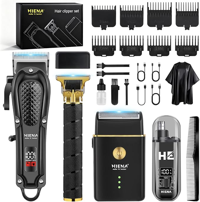 HIENA PRO Hair Clippers for Men Professional, Cordless Barber Clipper & T-Blade Beard/Hair Trimmer Set, Electric Razor Foil Shaver Nose Trimmer Barber Kit, Men's Hair Cutting Kit with 8 Guide Combs