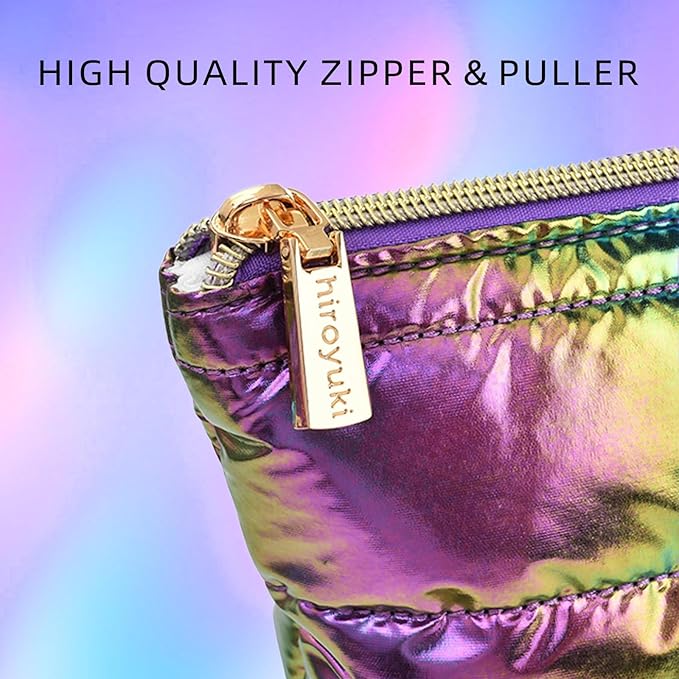Hiroyuki Iridescent Quilted Makeup Bag, 3pcs Cute Makeup Bag Set, Large Capacity Cosmetic Organizer Travel Toiletry Pouch (plain, rainbow)