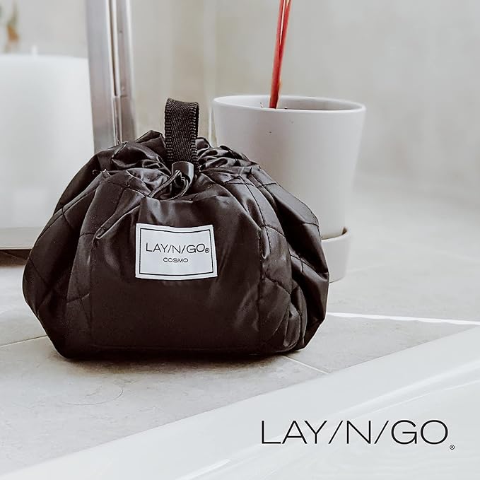 Lay-n-Go Cosmo Layflat Drawstring Cosmetic & Makeup Bag Organizer w/Zipper Pocket, Brush Loops & More, Cinch to Close, Lay Flat to Use, Durable, Machine Wash, Travel Toiletry Bag (20", Ocean Blue)