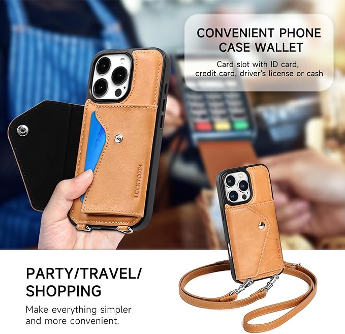 LUCKYCOIN Crossbody Wallet Phone Case for iPhone 16 Pro,100% Genuine Leather Wallet Phone Case with Expandable Flip Card Holder,Phone Purse for Women with Adjustable Removable Strap - Brown