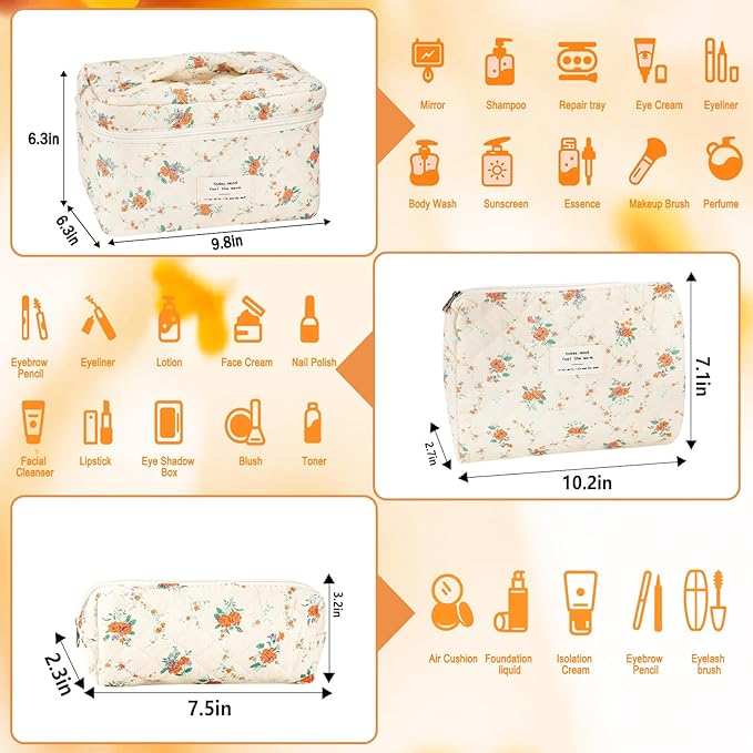 3Pcs Cotton Quilted Makeup Bag for Women Girls Large Small Travel Floral Cosmetic Bags Set Cute Coquette Zipper Makeup Pouch for Purse Aesthetic Cloth Flower Storage Toiletry Bag Organizer