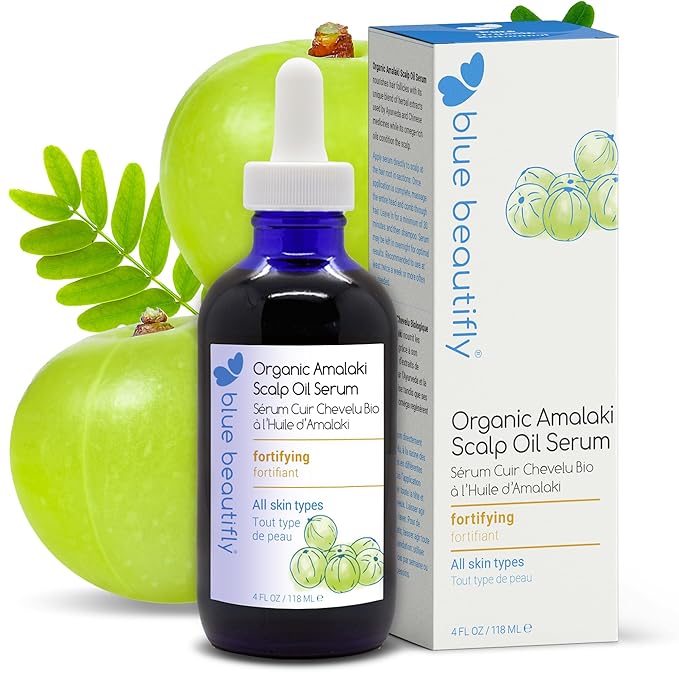 Blue Beautifly Organic Amla Oil for Scalp Serum - Strengthens Hair Follicles, Restores Growth, and Treats Dandruff-USDA Certified Organic - Enriched with Rosemary Oil and Ayurvedic Herbs - 4 fl oz