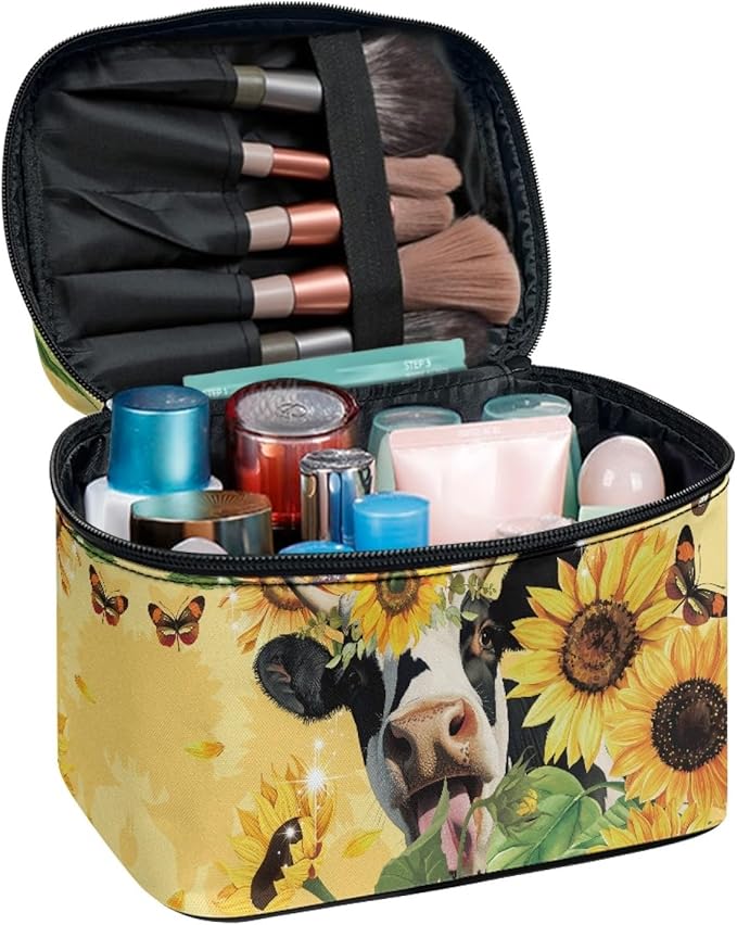 Cute Sunflower Cow Print Travel Makeup Bag for Women Yellow Large Capacity Cosmetic Bag with Zipper and Handle Portable Brushes Case Toiletry Bag Make Up Organizers and Storage Bags