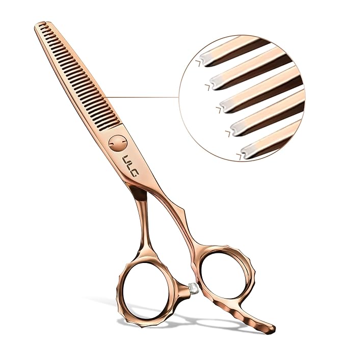 ULG Professional V-Tooth Hair Thinning Scissors Luxury 18K Rose Gold Coated 6.5" Barber Scissors 440C Japanese Stainless Steel Hand-Honed Convex Blades Offset Handles Tension Adjustable, Right-Handed