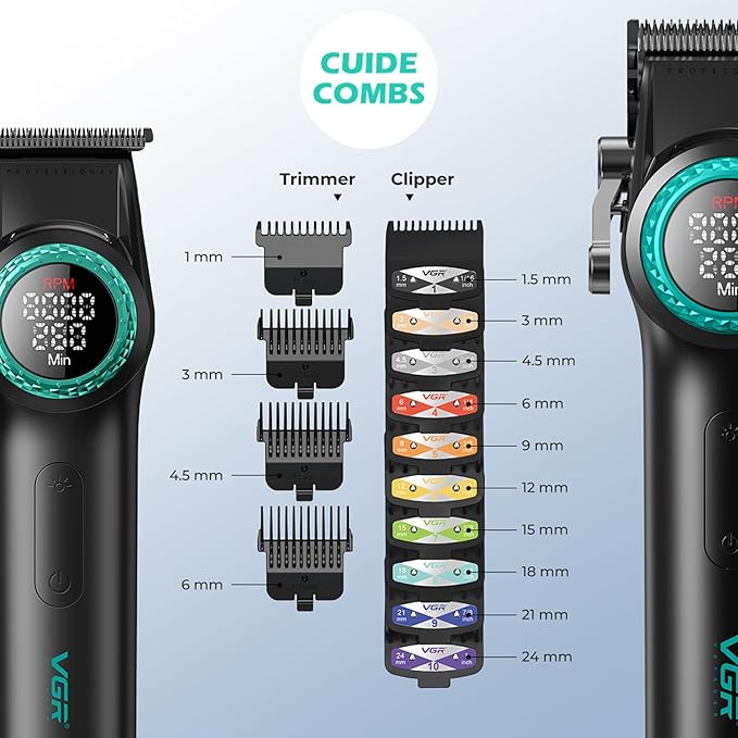 VGR 3 in 1 Professional Barber Clippers Set of Hair Clipper Trimmer Foil Shaver, Cordless Haircut Kit with Upgraded Powerful Motor, Integrated Charging Station, LED Display, Storage Box, Black