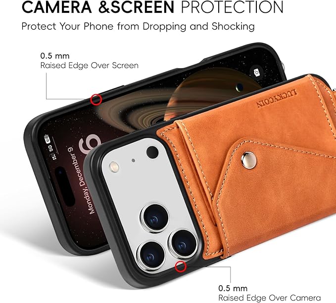 LUCKYCOIN Crossbody Wallet Phone Case for iPhone 17 Pro Max,100% Genuine Leather Wallet Phone Case with Expandable Flip Card Holder,Phone Purse for Women with Adjustable Removable Strap - Tan