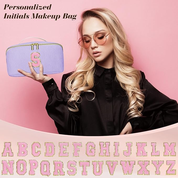 Personalized Initial Makeup Bag,Christmas Gifts for Girl,Preppy Bag Cosmetic Travel Bag Women,Travel Toiletry Organizer,Large Capacity Corduroy Stuff Bag,Cute Cosmetic Pouch Skincare Bag-Y