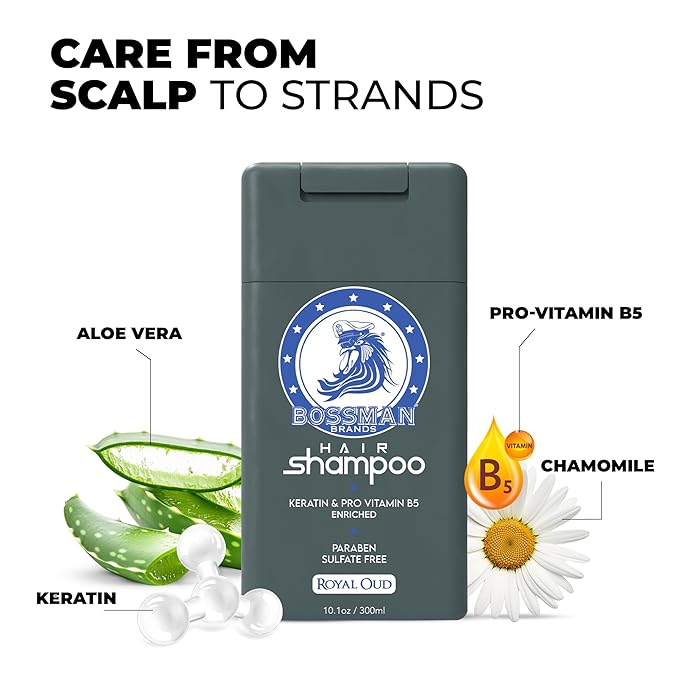 Bossman Hair Shampoo for Men – Natural Moisturizing Men's Shampoo with Keratin & Vitamin Pro5 Enriched - Paraben & Sulfate Free (Royal Oud Scent)
