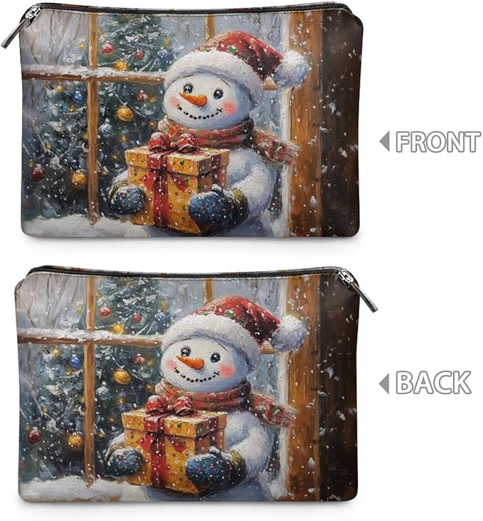 COEQINE Travel Pouch for Women Leather Cute Snowman Purses Travel Cosmetic Bag Soft Portable Cosmetic Face Brushes Holder Large Travel Makeup Brush Case for Womes Christmas Gifts