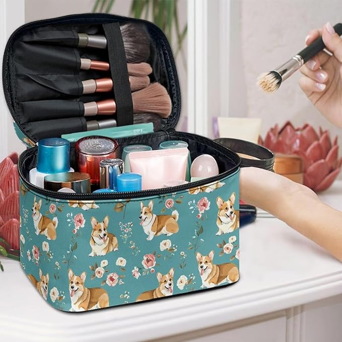 JoyLamoria Corgi Floral Makeup Bag Handbag Tote Bag Casual Cute Cosmetic Bag Brush Bag Toiletry Bag