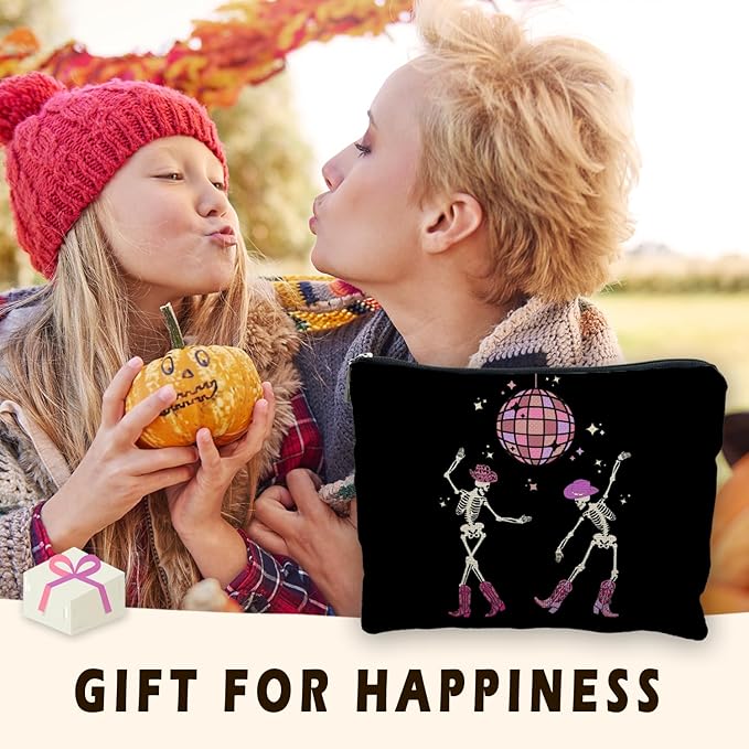 Funny Disco Dancing Skeleton Makeup Bag, Goth Gothic Skull Cosmetic for Women, Halloween Gifts, Dark Academia Makeup Pouch, Horror Bag