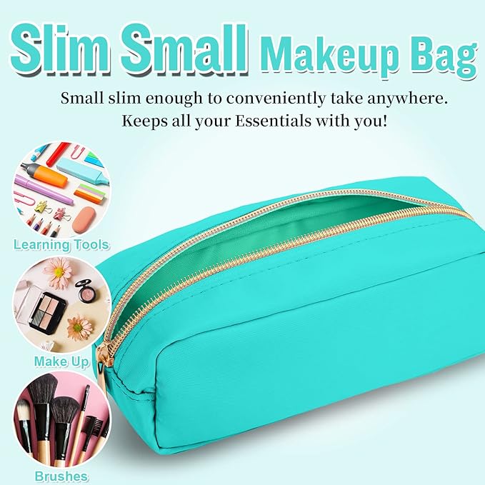 izuzta Nylon Small Makeup Bag Slim Pouch, Preppy Cute Makeup Brush Case Bag Cosmetic Zipper Pouch for Purse, Waterproof Travel Toiletry Bag Clutch Coin Pouch Makeup Organizer for Women Girls(Mint)