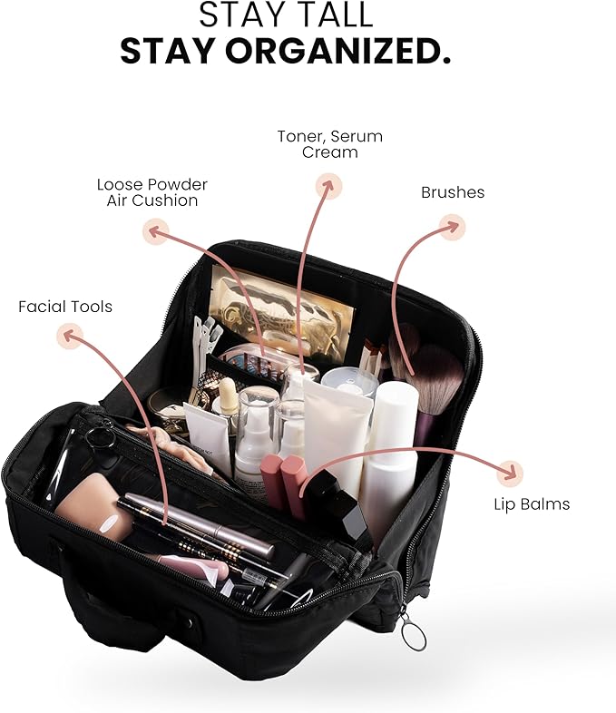 APT 1101 Standing Makeup Bag, Travel Makeup Organizer with Magnetic Fold-Down Design, Portable makeup Case with Compartments for Brushes & Tools (Black)