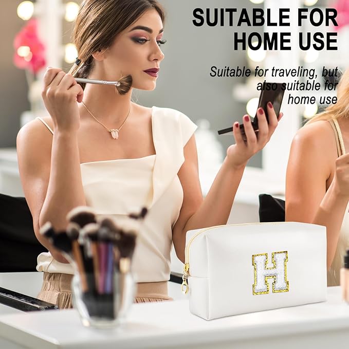 Gifts for Girls Initial Makeup Bag Personalized Cosmetic Bag with Zipper Cute Travel Toiletry Bags Waterproof PU Preppy Makeup Pouch Birthday Gift for Teen Girls Women(White H)