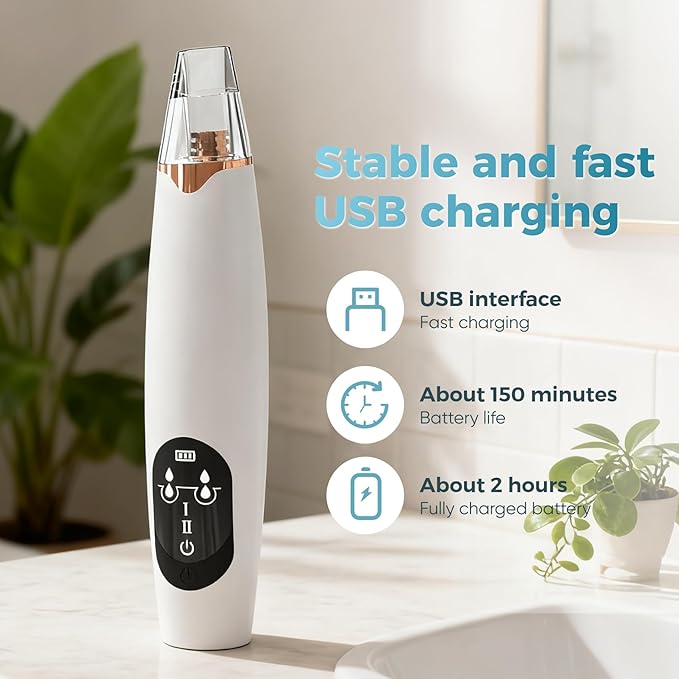 Facial Pore Blackhead Remover Vacuum - Facial Pore Cleaner with 3 Adjustable Suction Levels, 3 Probes, USB Charging Interface - Blackhead Extractor Tools for Women & Men (White)