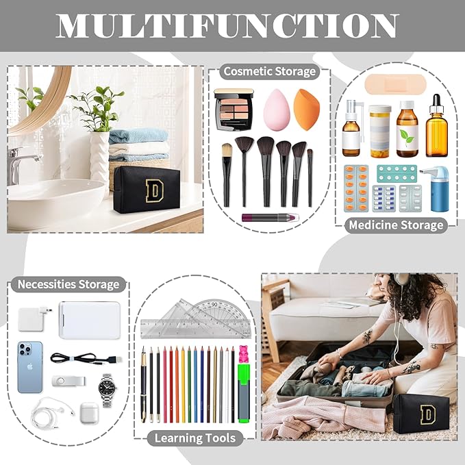 Personalized Initial A-Z Preppy Patch Makeup Bag,Small PU Chenille Letter Cosmetic Bag with Zipper for Teen Girls,Black Cute Toiletry Organizer Bag,Monogram Makeup Case Gift for Women Girls,Letter D