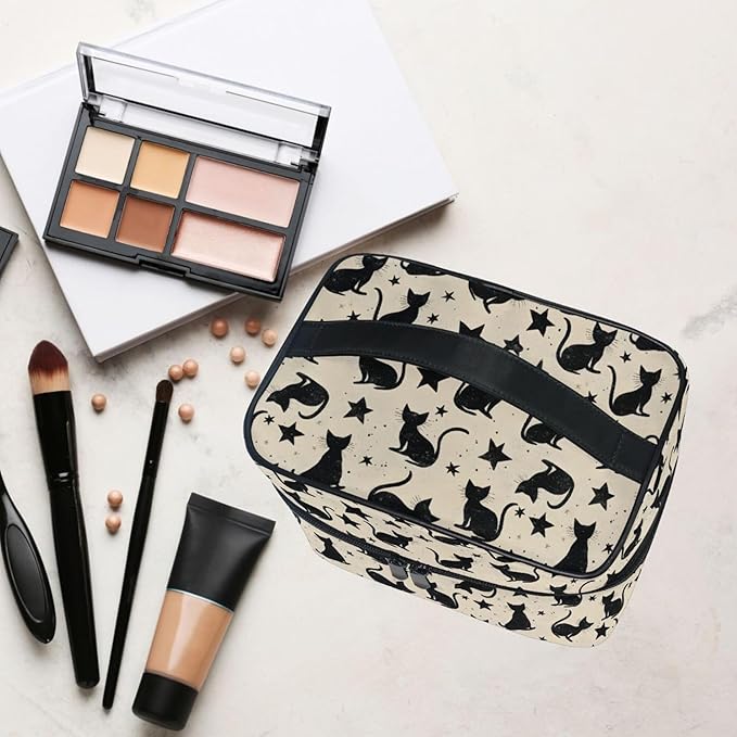 MNSRUU Makeup Bags, Black Cat Stars Makeup Organizer Bags Toiletry Bag Box Travel Cosmetic Bag Make Up Train Case for Women Teen Girl Ladies