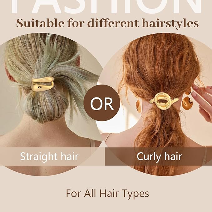 3PCS Gold Hair Ties for Women, Stretchy Metal Hair Ties for Thick Hair, Non-Damage Gold Ponytail Cuff Holders, Elegant Geometric Hair Accessories for Women, 3 Styles in Box Holiday Christmas Gifts