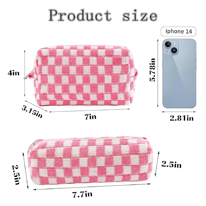 ZLFSRQ 2Pcs Checkered Pencil Case Cute Pencil Pouch for Teens Pink Checkered Makeup Bag Travel Cosmetic Bag Set Cute Preppy Makeup Pouch for Purse Portable Zippered Skincare Toiletry Bags Organizer