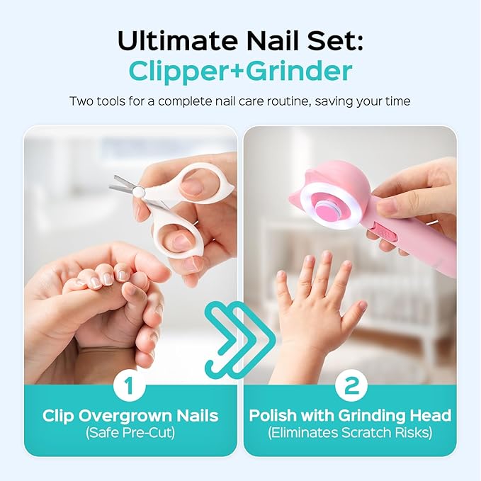 COSLUS Baby Nail Trimmer Electric: Gentle Baby Nail File with Quiet Design & 360° Light - Safe for Sleep Trim Grind, 16 in 1 Cute Nail Clipper Kit for Newborn Infant Toddler, C50, Pink