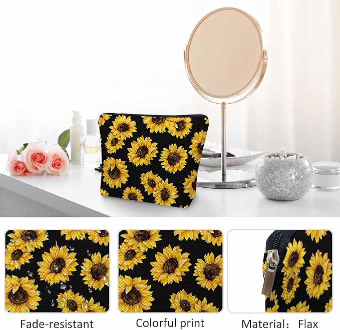 Sunflower Cosmetic Bags For Women, Blossom Sunflowers Yellow Roomy Makeup Bag Toiletry Bag Accessories Organizer Storage Bags Makeup Pouch For Travel Business Gym Camping Bathroom