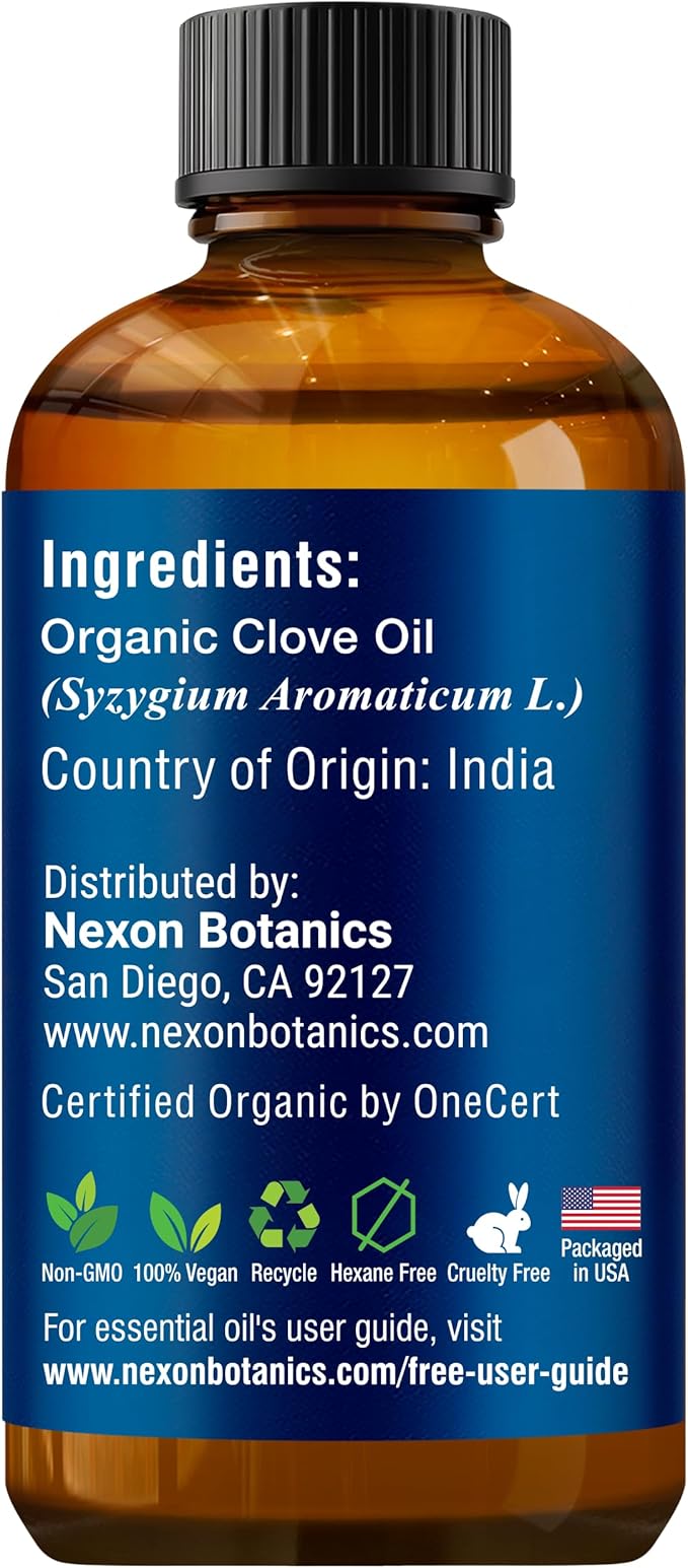 Organic Clove Essential Oil 30 ml - Pure, Natural, Undiluted for Toothache, Sore Muscles, Skin & Hair Care - Soothing Clove Bud Essential Oil - Nexon Botanics