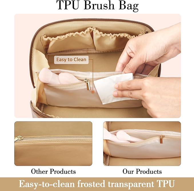 Birthday Gifts for Women Teen Girl, Personalized Initial Makeup Organizer Bag Set, Open Flat Travel Cosmetic Bag With Clear Divider and Handle(Brown,R)