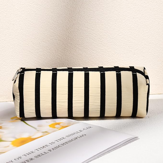 SOIDRAM Makeup Bag Corduroy Cosmetic Bag White Stripe Makeup Pouch 1Pcs Large Capacity Makeup Bags and 1Pcs Makeup Brushes Storage Bag Travel Toiletry Bag Organizer