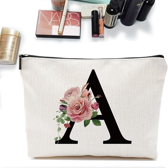 Initial A-Z Personalized Letter Makeup Bag, Monogrammed Bridesmaid Gifts/Presents Cosmetic Bag, Portable Stationery Storage Organizer Pouch, Friendship Love Travel Makeup Bags