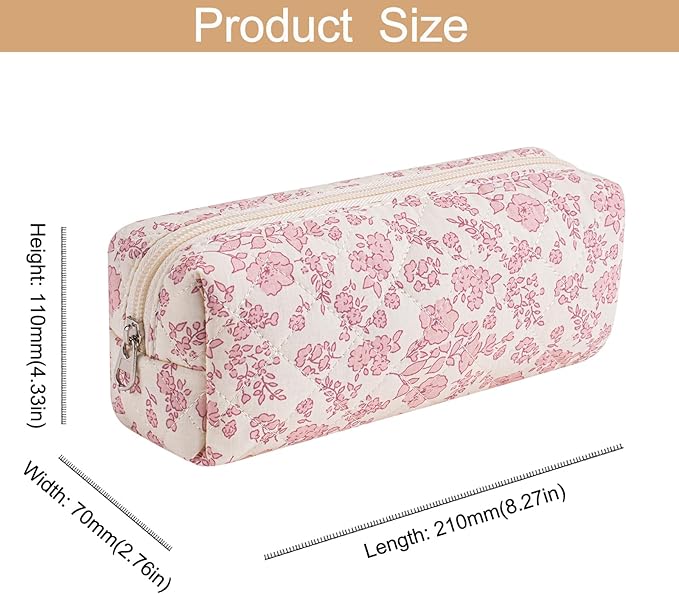 Cute Floral Cotton Makeup Brush Cosmetic Bag for Women, Travel Quilted Zipper Make Up Bag, Flowers Toiletry Organizer Case Kawaii Makeup Cosmetic Travel Cloth Pouch (Big Pink Floral)