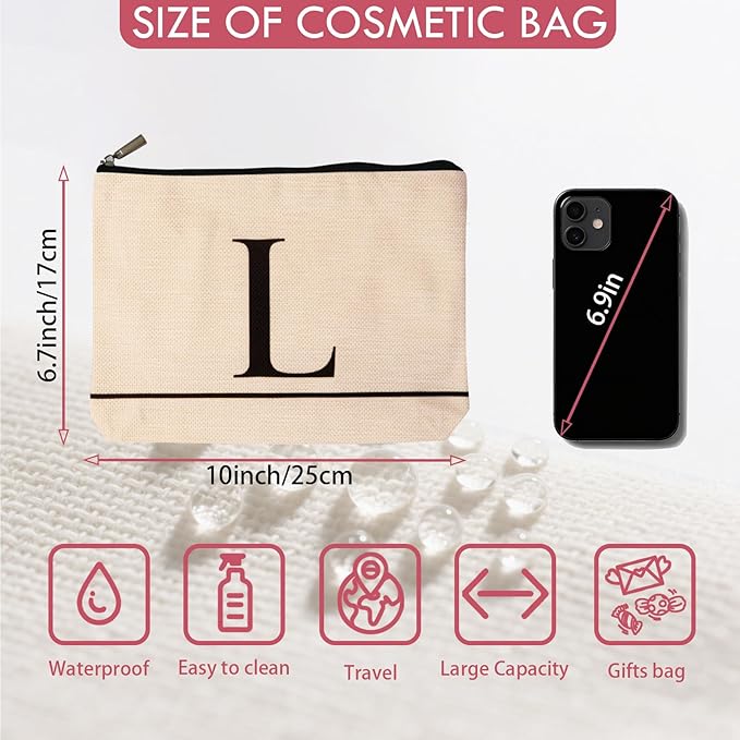 Letter A-Z Initial Personalized Makeup Bags, Birthday Gifts for Women, Monogrammed Gifts for Women Mom Sister Best Friend Bride Bridesmaid, Mothers Day, Christmas, Small Travel Cosmetic Bag (L)