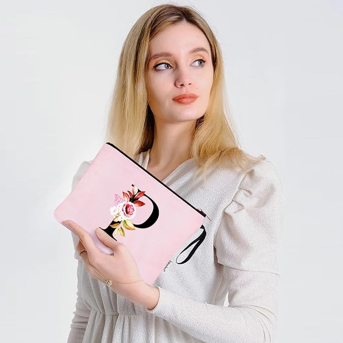 Vavabox A-Z Personalized Makeup Bag, Birthday Gifts for Women Mom, Gifts for Best Friend, Bride Bridesmaid Cosmetic bag (P, Pink)