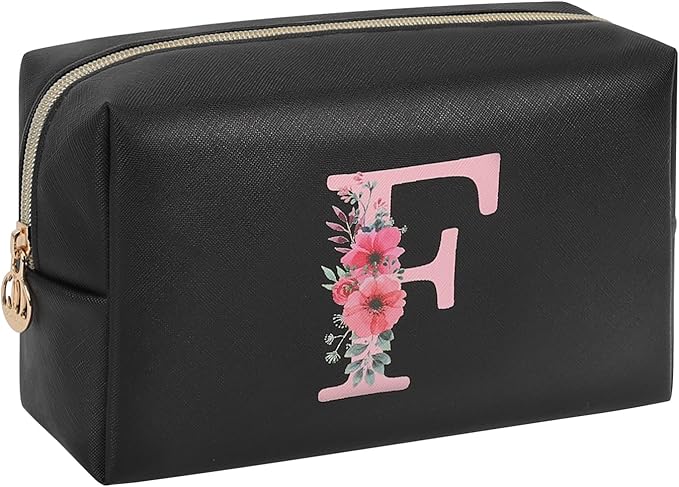 Personalized Initial Makeup Bag, Birthday Gifts for Women and Girls, Small Makeup Pouch Travel Toiletry Bag, Make Up Organizer Bag Gift Trendy Stuff for Friend Mom Teacher, Black