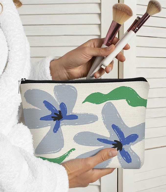 Floral Makeup Organizer, Blue Flower Cosmetic Bag, Small Makeup Bag for Women & Girls, Gifts