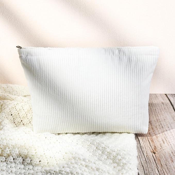 SOIDRAM 2 Pcs Corduroy Makeup Bag Large Cosmetic Bag Toiletry Bag Makeup Pouch Travel Bag Organizer Cute Makeup Brushes Aesthetic Accessories Storage Bag for Women White