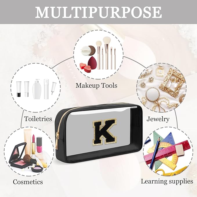 Small Clear Personalized Initial Makeup Bag,Nylon Preppy A-Z Chenille Letter Patch Cosmetic Pouch Beach Toiletry Bag,Waterproof Zipper Travel Purse Storage Bag Organizer for Women Girls(Black-Black K)