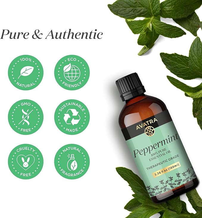 Avatra Peppermint Essential Oil 100ML (3.38 OZ) with Glass Dropper and Travel Bottle, Pure and Natural Therapeutic Grade Peppermint Oil for Diffuser, Aromatherapy, Massage, and DIY Candle Products