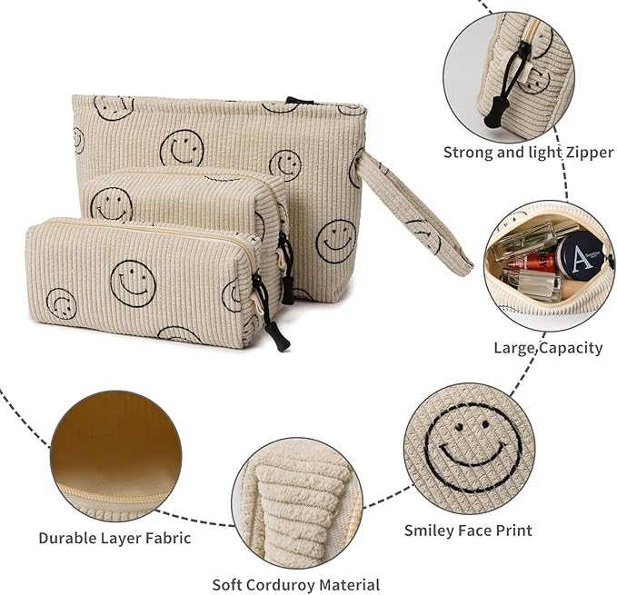 Small Cosmetic Bag set for Women Corduroy Makeup Bag with Interior Pocketes Cute Corduroy Makeup Pouches Women Small Toiletry Bag