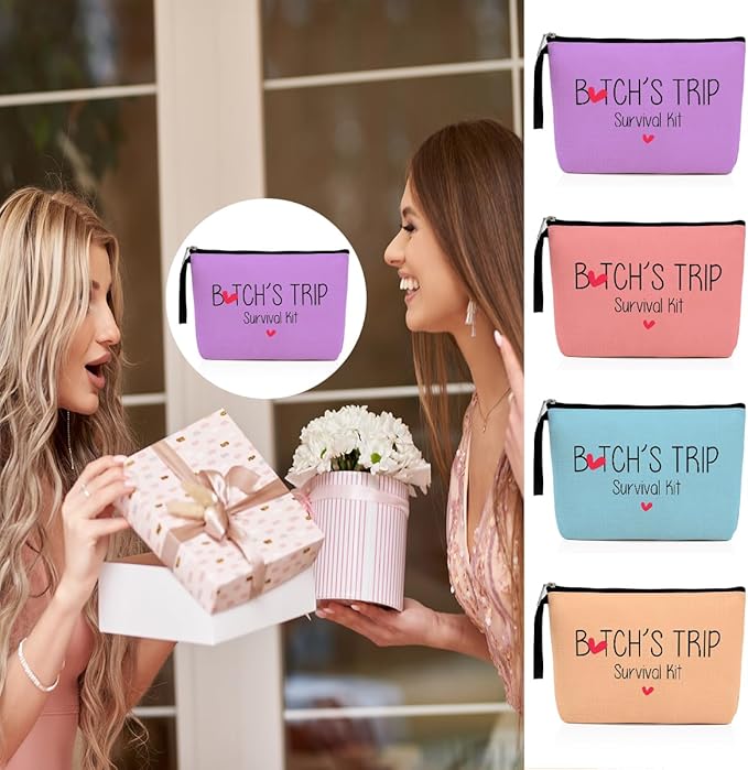 4Pcs Girls Trip Gifts Favors Weekend Bag Funny Makeup Bag Girls Weekend Gifts Friendship Weekender Bags for Women Girl Bestie Cosmetic Bags Zipper Pouch Wedding Birthday Bachelorette Party