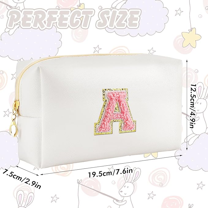 Initial Makeup Bag Personalized Preppy Travel Small Cosmetic Bag Cute PU White Chenille Letter Makeup Pouch for Purse Waterproof Zippered Toiletry Organizer for Women Girls Kids Friends (A)