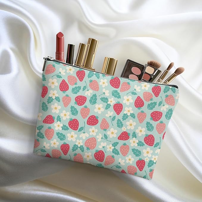 Cute Flowers Strawberry Makeup Bag Floral Cosmetic Bag Friend Friendship Gifts for Women Girls Sister Mom Coworker Botanical Travel Organizer Zipper Pouch Christmas Thanksgiving Birthday Gifts