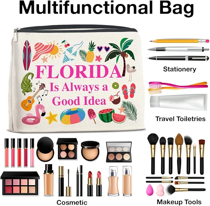 Florida Travel Cosmetic Bag, Multicolor, Waterproof Polyester, Zipper Closure, Adult Women's Travel Cosmetic Case