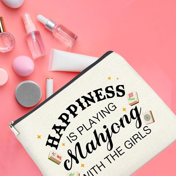 Mahjong Lovers Makeup Bag - Mahjong Gifts for Players - Happiness Is Playing with the Girls - Cosmetic Bag Zipper Makeup Pouch