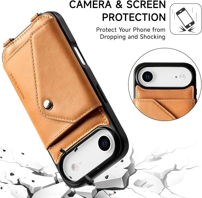 LUCKYCOIN Crossbody Wallet Phone Case for iPhone Air,100% Genuine Leather Wallet Phone Case with Expandable Flip Card Holder,Phone Purse for Women with Adjustable Removable Strap - Brown