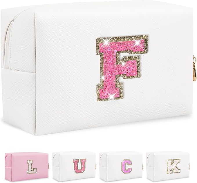 Personalized Initial Letter Makeup Bag, Preppy Glitter Letter Patch Cosmetic Pouch Zipper, PU Waterproof Travel Toiletry Bag Cute Makeup Organizer Monogrammed Make Up Bag, Gift for Women Girls