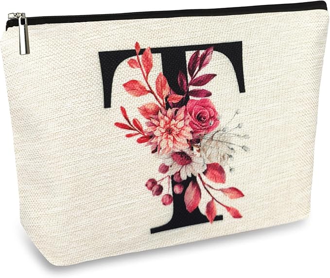 Initial A-Z Personalized Floral Makeup Bag, Monogrammed Birthday Gifts for Women Mom, Mothers Day Christmas Gift Ideas for Best Friend, Bride Bridesmaid, Her, Grandma, Small Travel Cosmetic Bag (T)