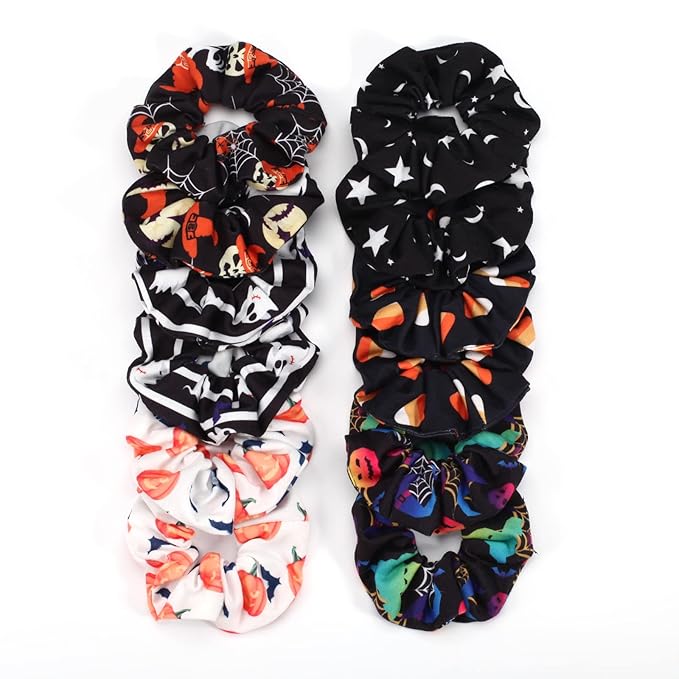 12PCS Halloween Hair ScrunchiesPumpkin Skull Ghosts Bat Star Moon Witch Hat Candy Candle Spider Web Hair Ties Elastics Scrunchy Gifts Ponytail Holder Accessories for Women Girls